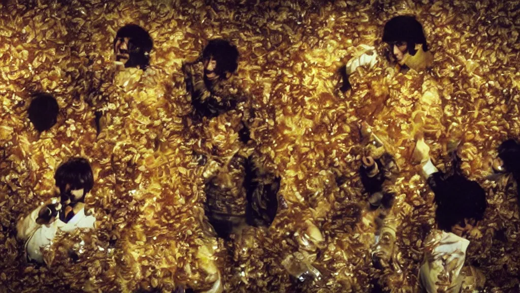 Image similar to The Beatles!!! drowning in honey! in a large honey jar, film still from the movie directed by Denis Villeneuve with art direction by Salvador Dalí, wide lens