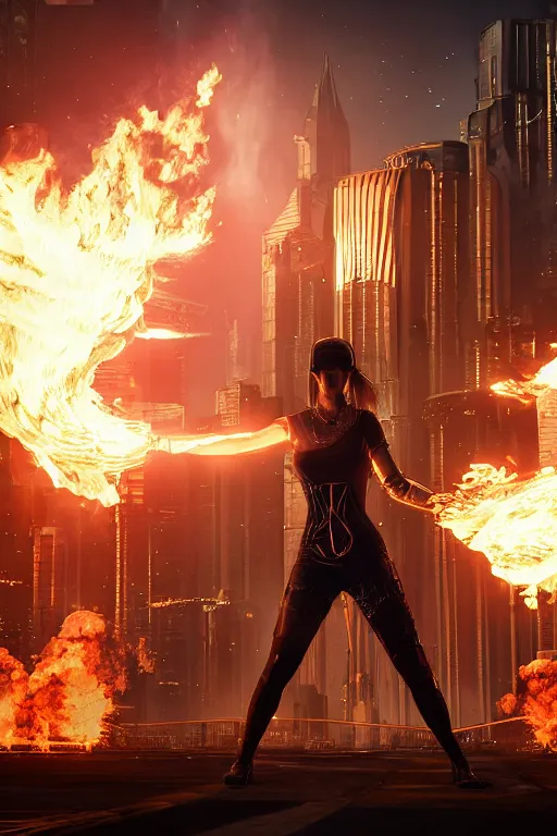 Image similar to in the foreground Saint Petersburg in cyberpunk, in the background a magnificent young blonde woman from behind playing with flames coming out of her hands wearing a long matrix-style jacket, realistic, high definition, many details, dramatic scene, symmetrical face, eyes realistic, cyberpunk art 2077