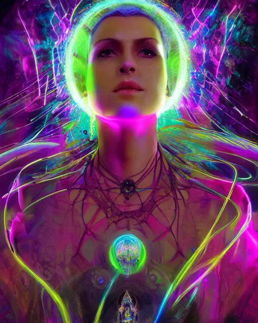 Image similar to a powerful energy psychedelic matrix priestess, by alexander fedosav, hyper detailed digital matte painting, concept art, hyperrealism, 1 6 k resolution, cinema 4 d, 8 k resolution, trending on artstation, behance hd, a masterpiece, by stephan martiniere, particles, cel - shaded, power bright neon energy, by david a. hardy,