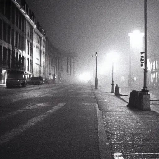 Image similar to !dream berlin streets 1991 at night, mist, cars , eerie atmosphere