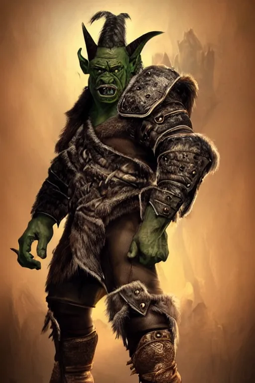 Image similar to A full body shot of a handsome orc looking into the camera wearing a leather fur jacket and leather boots, full body shot, detailed face, orc, orcish, portrait, artstation, realistic, highly detailed, symmetrical, D&D, Dungeons & Dragons, hyper realistic, dynamic pose, high detail, octane render, unreal engine, 8k, fantasy art, highly detailed, dramatic lighting, concept art