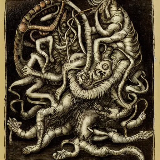 Image similar to bizarre bestiary of repressed unconscious emotional monsters and creatures in a fiery alchemical cauldron