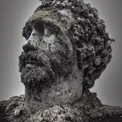 Image similar to Award-winning photograph by Mar Mann. The photo depicts a decaying roman bust of luiz inacio lula da silva overgrown with moss at the bottom of the sea in the middle of ruins of civilization. Minimalism, high definition, perfect composition. Deep sea picture. Very dark. Volumetric Lighting. Fish. Darkness. Ruins