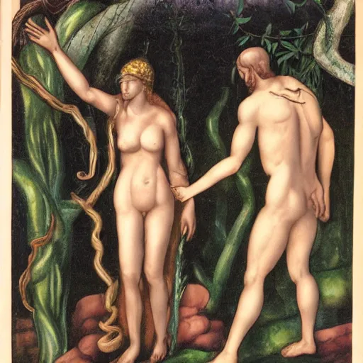 Image similar to God angry in the Garden of Eden. Eve and Adam look guilty