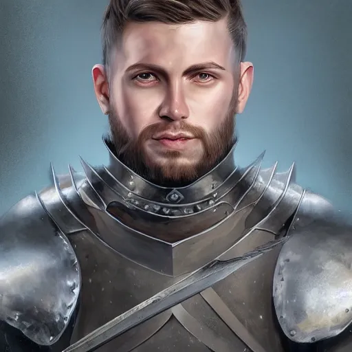 Prompt: realistic portrait, 30 year old man :: athletic, metal armour, majestic, authority, sword :: high detail, digital art, RPG, concept art, illustration