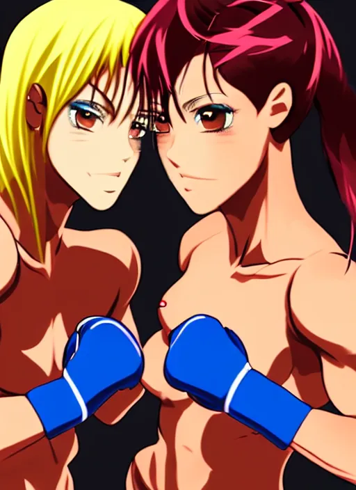 Prompt: two beautiful female boxers facing each other, dim lighting, gorgeous features, smooth, detailed anime art