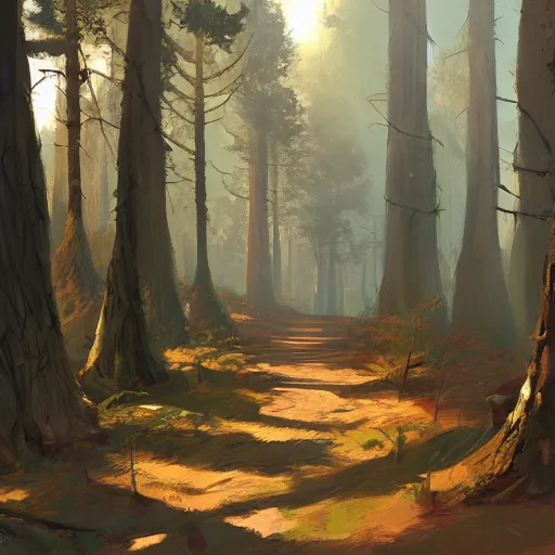 Image similar to Pines forest pathway in Avila. by Craig mullins, Steve Purcell, Ralph McQuarrie. Trending on artstation. Centered image, no background