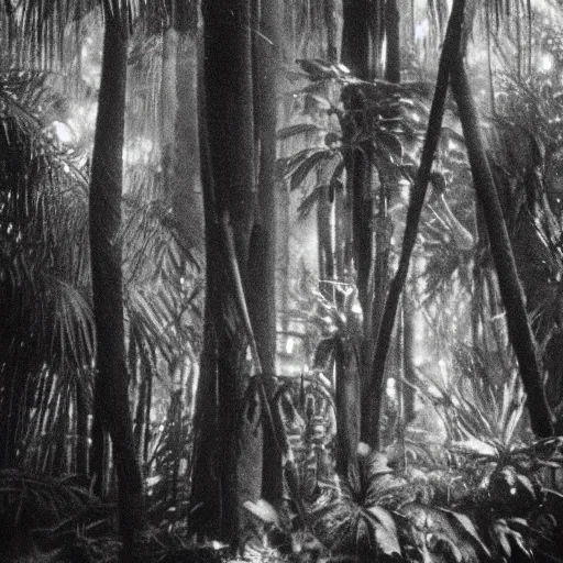 Image similar to lost film footage of a sacred totem, tropical forest, film still, cinematic, out of focus, enhanced, 1 9 2 0 s, black and white, grain