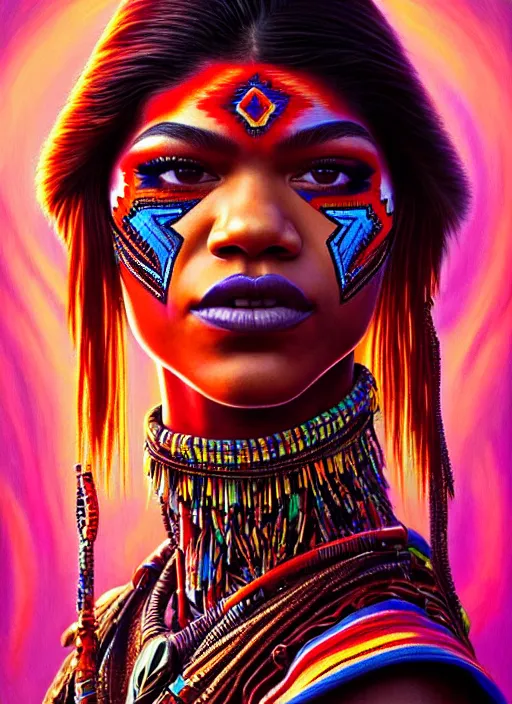 Image similar to portrait of zendaya, hyper detailed ultra sharp aztec shaman warrior. trending on artstation, warpaint aesthetic, bloodwave, colorful, psychedelic, ornate, intricate, digital painting, concept art, smooth, sharp focus, illustration, art by artgerm and greg rutkowski and h. r. giger, 8 k