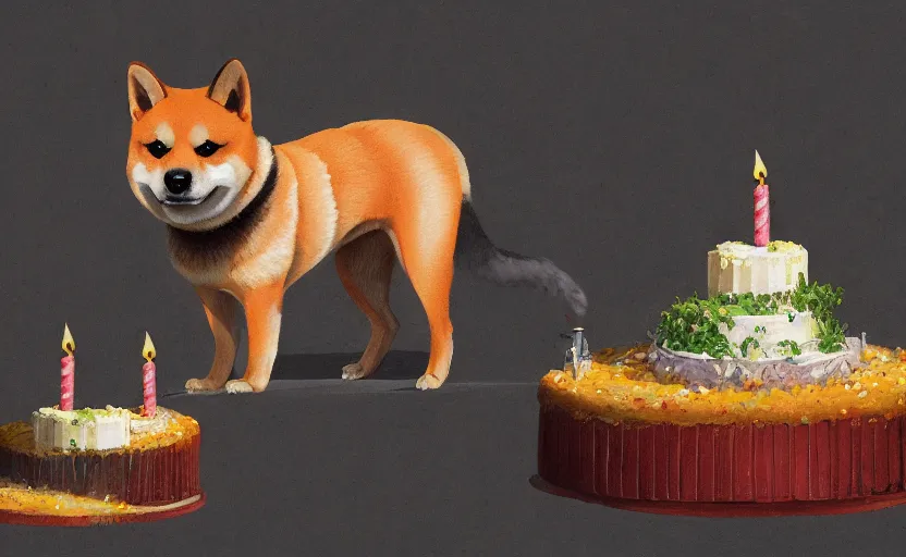 Prompt: a painting of a shiba and a birthday cake trending on artstation in the style of greg rutkowski