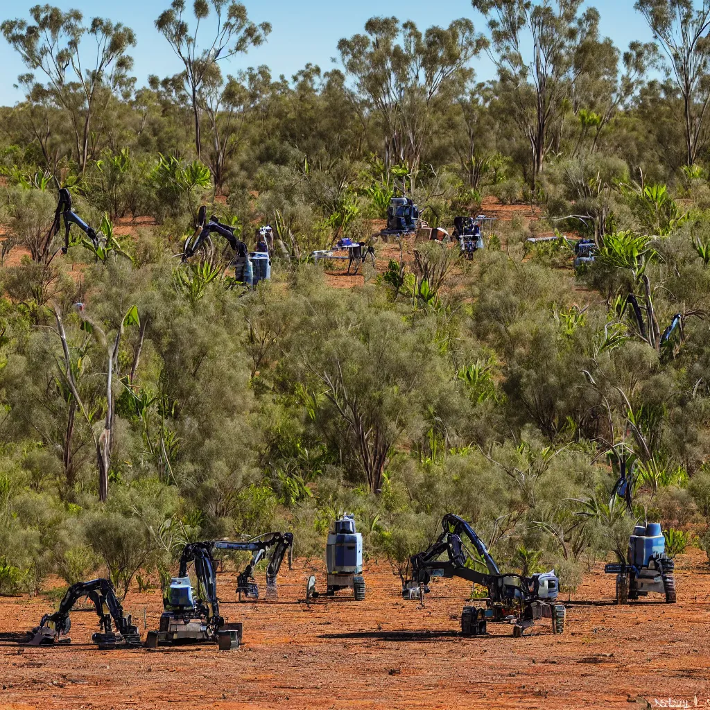 Image similar to robots harvesting a permaculture food forest in the australian desert, near an earthship village, next to a billabong, with crocodiles, XF IQ4, 150MP, 50mm, F1.4, ISO 200, 1/160s, natural light