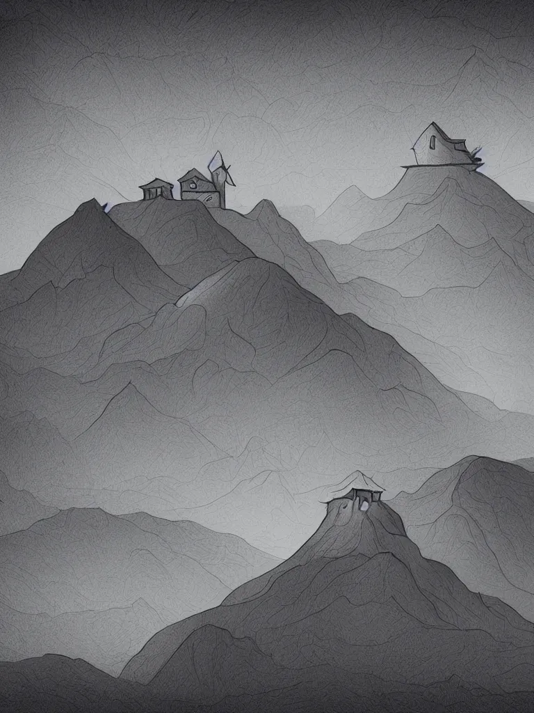 Image similar to surreal mountains with little house on top. vector by disney concept artists, blunt borders, rule of thirds