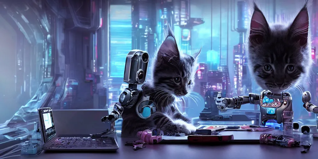 Image similar to a 3 d rendered movie still a cute robot in the shape of an adorable cyberpunk robot as a maine coon kitten. in the background is a cyberpunk cat tree with rgb ambient dramatic lighting. digital art. science fiction blockbuster movie from the future, imax 7 0 mm. style of mandalorian ( american space western television series )