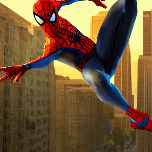 Image similar to spider man in gta san andreas cover, realistic painting, high definition, digital art, matte painting, very detailed, concept art, pixiv, deviantart, artstation, illustration, realistic