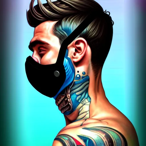 Image similar to a profile photo of a man with underwater mask with tattoos on arm and neck, side profile in underwater, highly detailed, digital painting, artstation, illustration by Sandra Chevrier