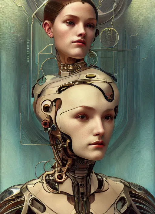 Image similar to portrait of a beautiful female android, coy, circuitry visible in head, in the style of ex machina, karol bak, alphonse mucha, greg rutkowski, award winning, hr giger, artstation,