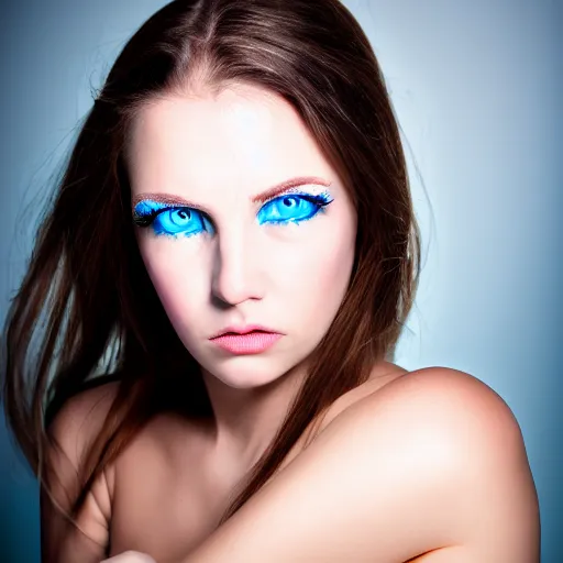 Image similar to photo portrait of very very very beautiful woman face staring into camera, realism, blue eyes, extreme detail, key art, ring light, flash, photo by greg rutkoski, photoshoot