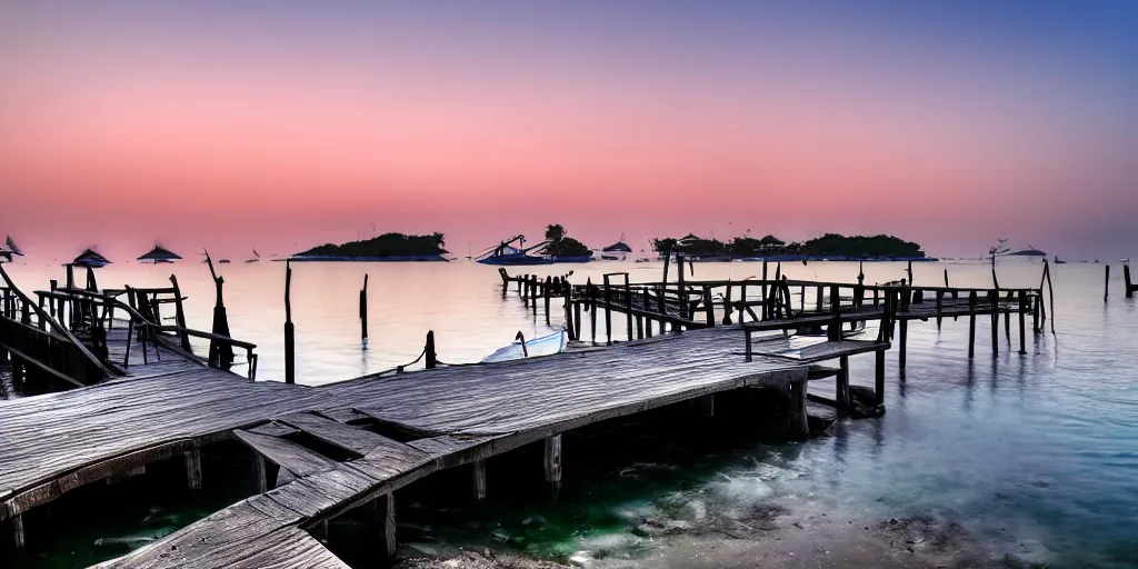 Image similar to jetty at pulau indah village, boat in foreground, early morning, detailed matte painting, low angle view, telephoto lens, bokeh, studio ghibli, artstation