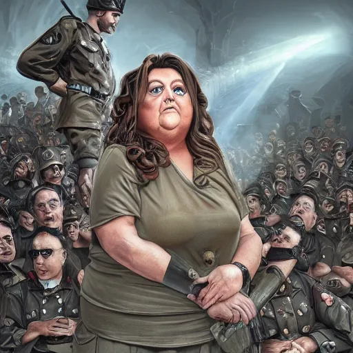 Image similar to abby lee miller as a military dictator, giving a speech to her troops by artgerm and wlop and scott fischer and seb mckinnon, digital art, highly detailed, wide shot, intricate, fantasy, mystical, sharp focus, Trending on Artstation HQ, deviantart, unreal engine 5, 4K UHD image