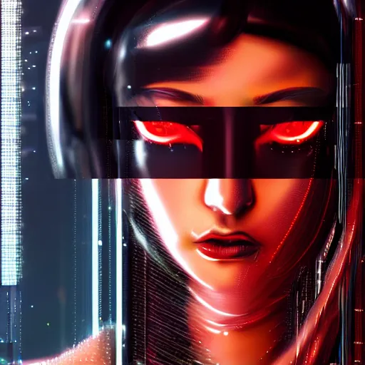 Prompt: realistic digital artwork of cyberpunk female wearing thick leather and steel collar, 4K, red highlights, symetrical,