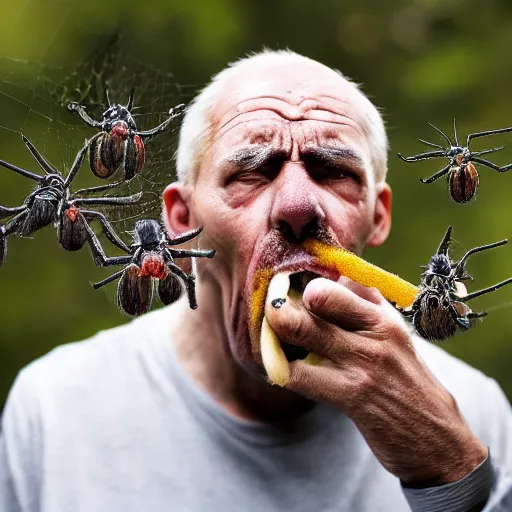 Image similar to National Geographic photo of angry old man with spiders in his mouth