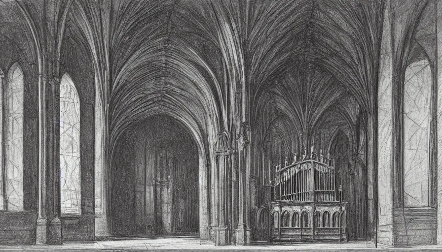 Image similar to pipe organ in a sunken cathedral, 1 9 th century charcoal and pencil drawing, high detail, high contrast