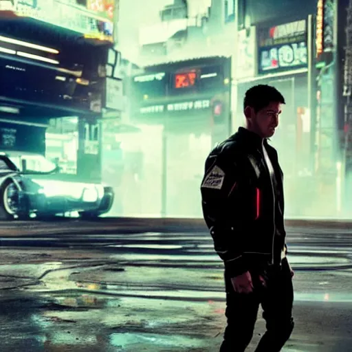 Image similar to cyberpunk Street racer wearing white wife beater and black jacket standing next to red Lancer Evolution X 2077 FRS BRZ C8 GR Supra scene from Bladerunner 2049 Roger Deakins Cinematography movie still 2017