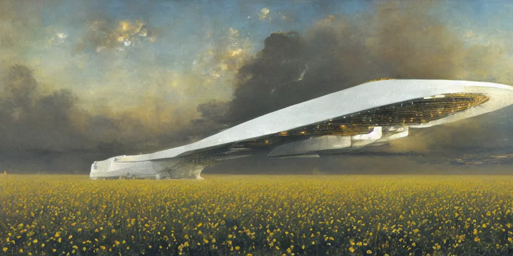 Image similar to Fernand Khnopff super technologies white giant spaceship starship battlestar airship superstructure deck, landed laying in center on tansy wormwood field, mountains afar by Fernand Khnopff by john berkey, oil painting, concept art, interstellar movie
