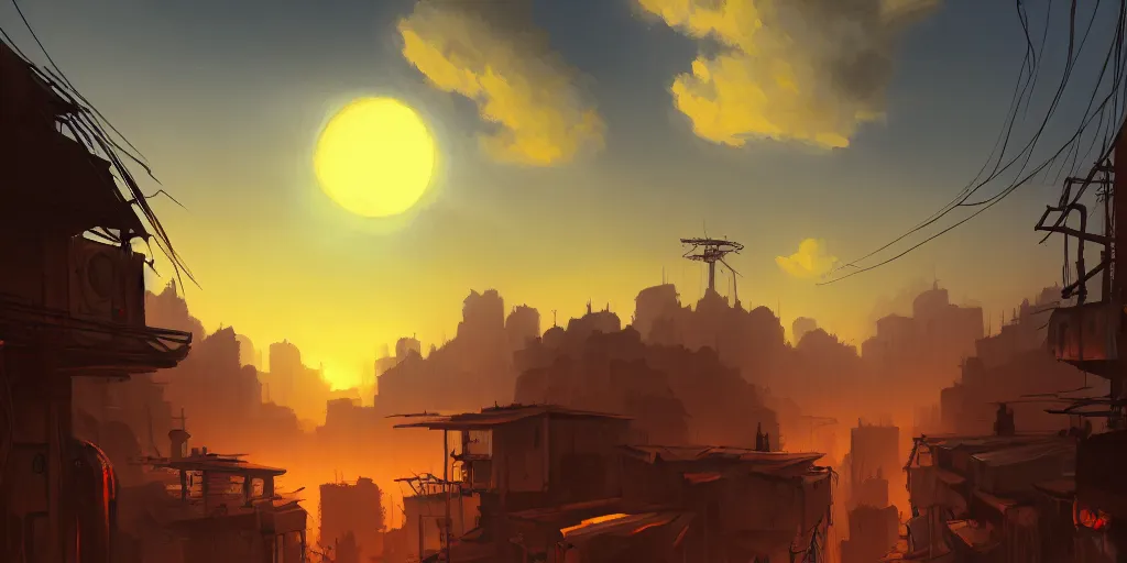 Image similar to Andreas Rocha painting of a cyberpunk African favela, hazy sunset with dramatic clouds, deep blues, wide angle lens, asymmetrical, trending on Artstation, High quality image