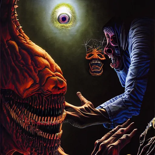 Prompt: illustration for a sci - fi contemporary horror novel called'eye - full of teeth ', a high quality high detail painting by david mattingly and alan lee and john zeleznik and dave mckean and richard corben, hd 4 k 8 k, realistic hyperdetailed scene painting, photorealistic lighting, modern supernatural urban horror aesthetic.