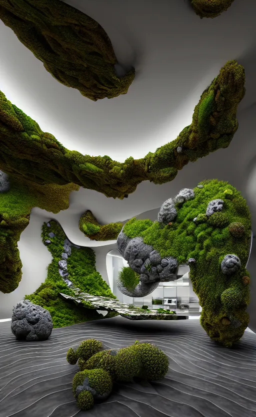 Image similar to highly detailed ultra sharp 3 d render villa interior cinematic composition of a smooth ceramic porcelain biomorphic magnolia stone nebula fluid fractal sci - fi surreal architecture landscape, granite, metallic, magnesium, marble, moss and lichen, vincent callebaut composition, mamou - mani, archviz, beautiful lighting, 8 k, unreal engine, hdr,