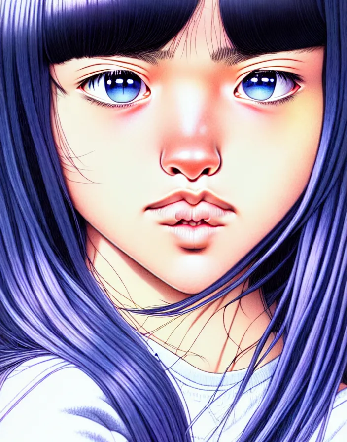 Image similar to extremely detailed color ink pen  illustration depicting an extreme close up face of a dainty young truant female stoner prep highschool school student with medium length silky straight iridescent black hair and lightly suntanned skin, illustrated by Artgerm and Range Murata.