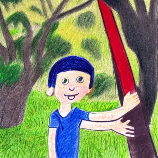 Image similar to children's illustration of a boy playing on a swing, coloured pencil