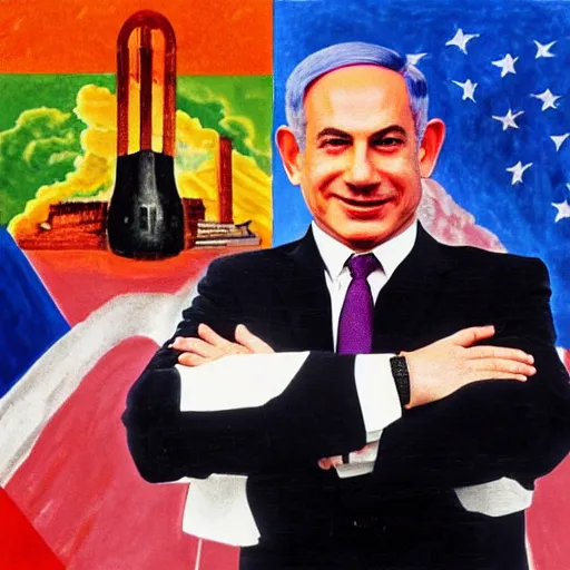 Prompt: portrait of Benjamin Netanyahu grinning and crossing arms, Hindenburg disaster in background, colored, rich vivid colors, official media, HQ