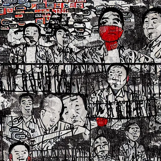 Image similar to chinese men in a prison, heart kidney lungs, in the style of daniel johnston and outsider art, 4k, line brush, overlaid with chinese adverts and mandarin text