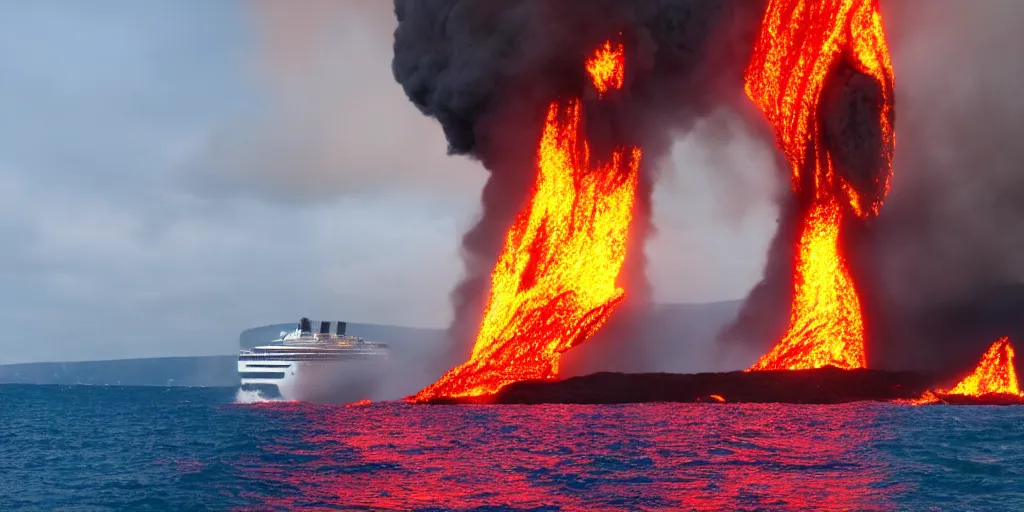 Image similar to a cruise ship on an ocean of lava sailing through the fires of hell.