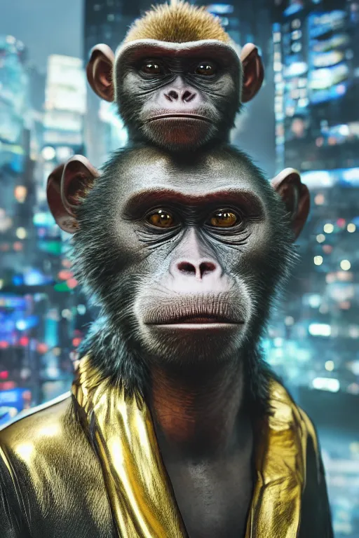 Image similar to Photography of ultra mega super hyper realistic detailed monkey in cyberpunk suit with many details by Hiromasa Ogura . Photo made from 30 meters distance on Leica Q2 Camera, Rendered in VRAY and DaVinci Resolve and MAXWELL and LUMION 3D, Volumetric cyan gold natural light