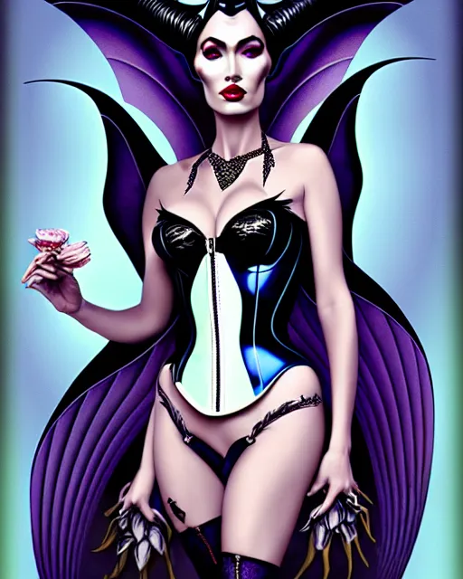 Prompt: new art nouveau portrait of fantasy succubus maleficent megan fox wearing a latex corset, anna dittmann, patrick nagle, charlie bowater and loish. long windblown hair, very large, clear, expressive, and intelligent eyes, ultrasharp focus, dramatic lighting, photorealistic digital matte painting, intricate ultra detailed background.