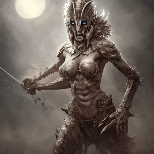 Image similar to a haunting ghast warrior, photo, professionally retouched, dramatic lighting, wearing bone armor, illuminated by moonlight, realistic, scared face, demonic, predator eyes, wide angle, sharp focus on eyes, 8 k high definition, insanely detailed, intricate, elegant, art by artgerm and wlop