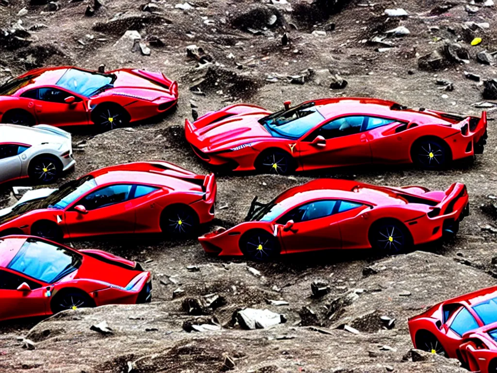 Prompt: crashed ferraris, 3 model lines on top of mount everest