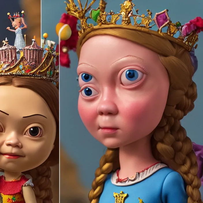 Image similar to highly detailed closeup, face profile portrait of greta thunberg as a tin toy fairytale princess wearing a crown eating cakes, bikini, unreal engine, nicoletta ceccoli, mark ryden, earl norem, lostfish, global illumination, detailed and intricate environment