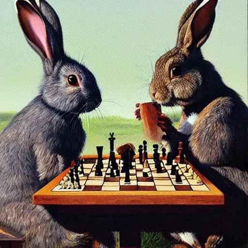 Image similar to rabbits drinking wine and playing chess. Painting of rabbits in sweaters by James Gurney.