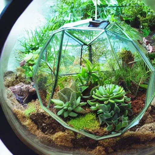 Prompt: inside a terrarium looking out