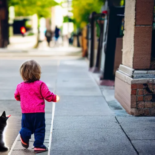 Prompt: male toddler with light hair pointing at cat on the sidewalk