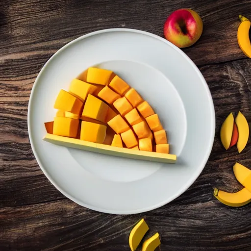 Image similar to beautiful photo of food art of sailing ship made from mango, bananas and apple pieces on a white plate, dslr