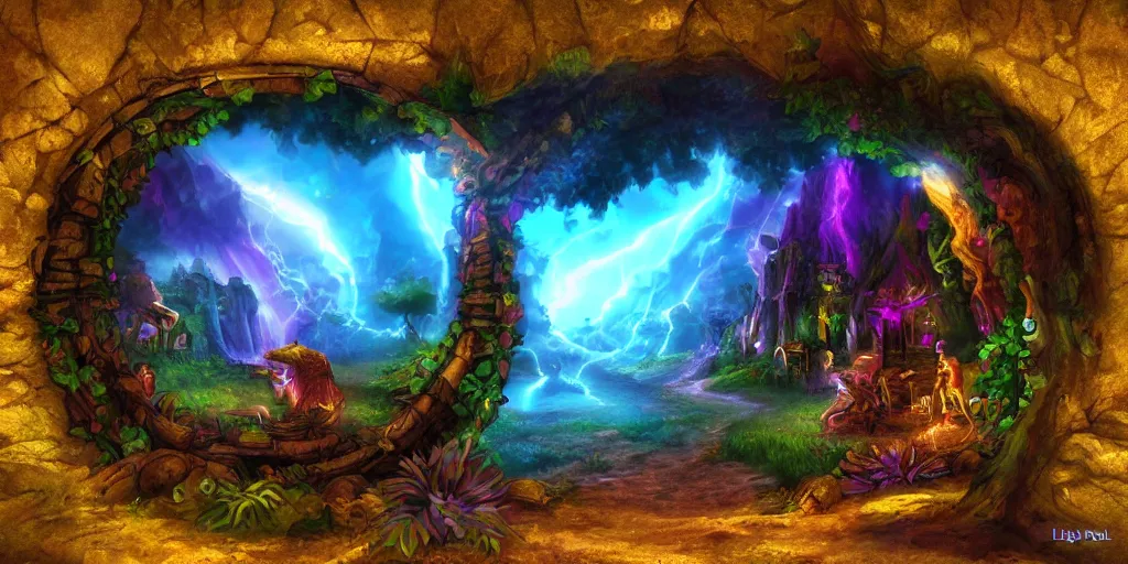 Image similar to fantasy world portal by Lisa Frank dramatic lighting, cinematic establishing shot, extremely high detail, photorealistic, cinematic lighting