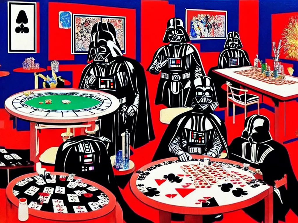 Prompt: hyper - realistic composition of a room with an extremely detailed poker table, croupier in traditional japanese kimono standing nearby, darth vader sitting at the table, fireworks in the background, pop art style, jackie tsai style, andy warhol style, acrylic on canvas