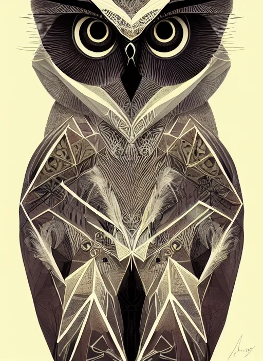 Image similar to portrait of a geometric owl, identical eyes, medium shot, illustration, full body made of white feathers, symmetrical, art stand, super detailed, cinematic lighting, and its detailed and intricate, gorgeous, by peter mohrbacher