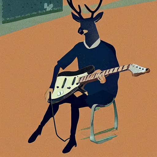 Image similar to deer playing guitar in the style of tatsuro kiuchi