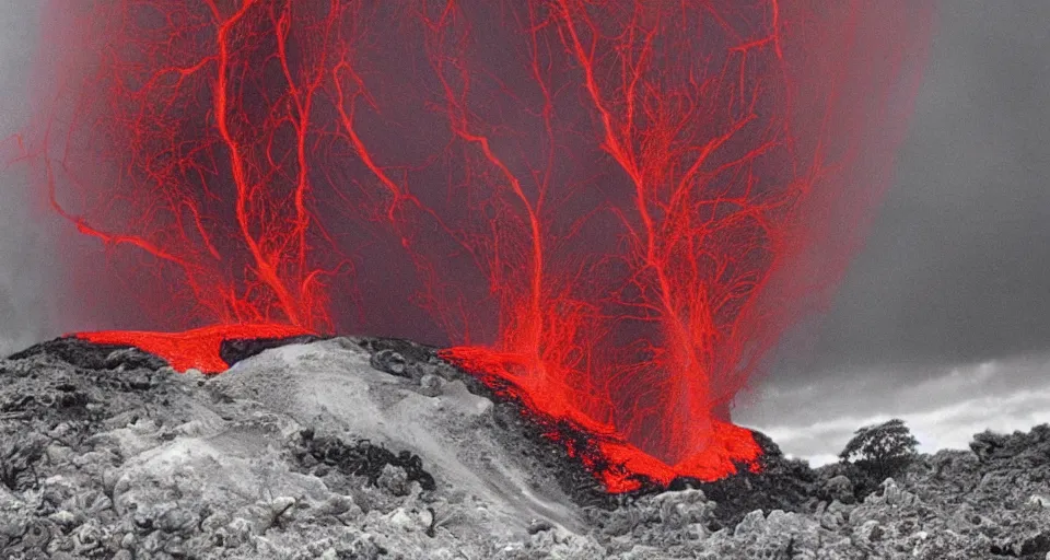 Image similar to a volcano made of ivory vines and crimson rocks enters in eruption, it spits a smoke in the shape of demonic eye, by Raymond Briggs